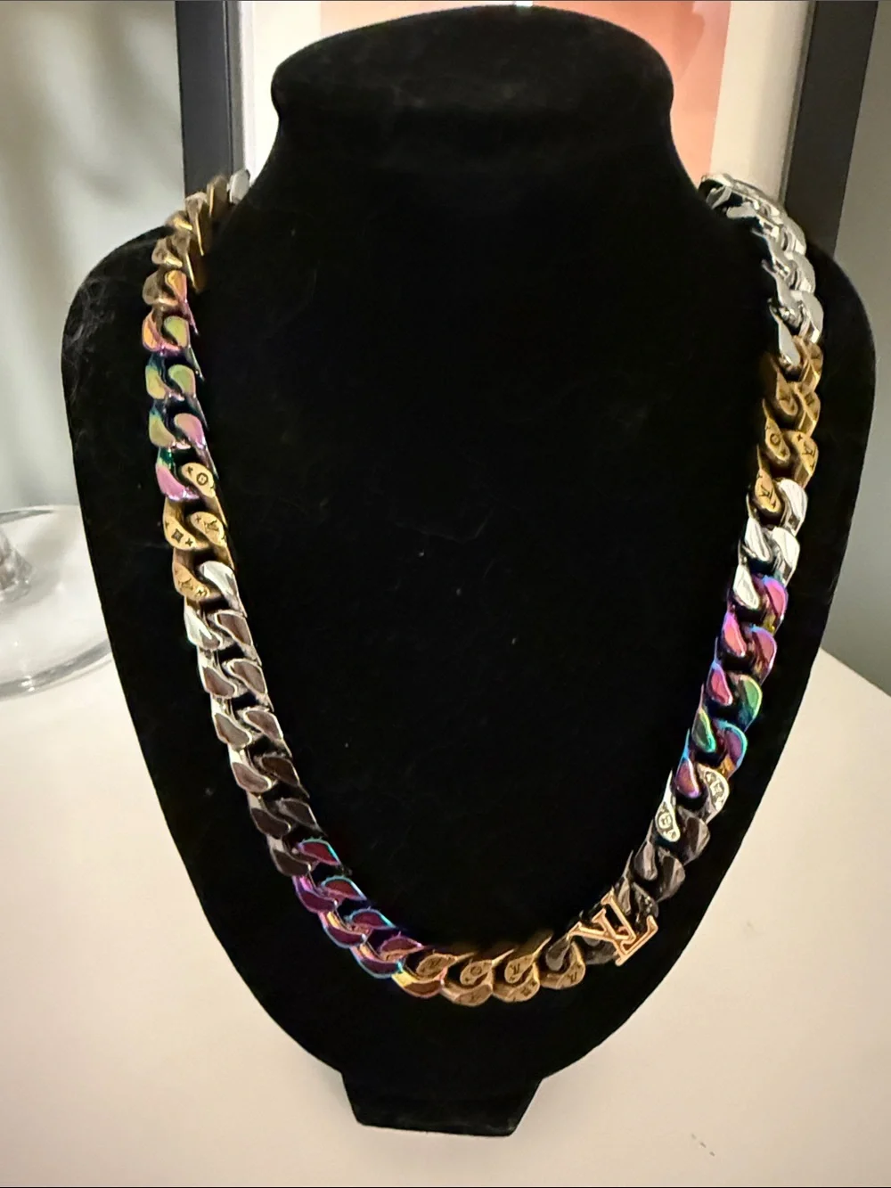 Louis Vuitton Multicolor Iridescent & Gold Cuban Link Necklace